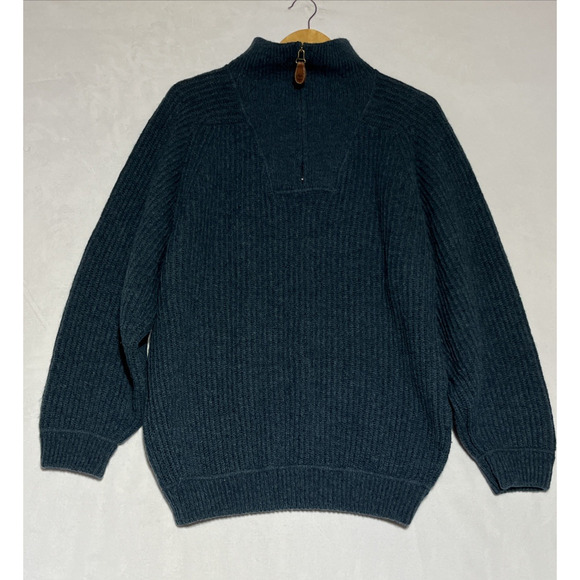 Timberland Wool Knit Sweater Mens Medium Blue Chunky Mock 1/4 Zip Made Scotland - Picture 1 of 14